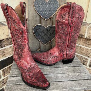 WOMENS SNIP TOE RED with BLACK STITCHING COWBOY BOOTS SIZE 6 B